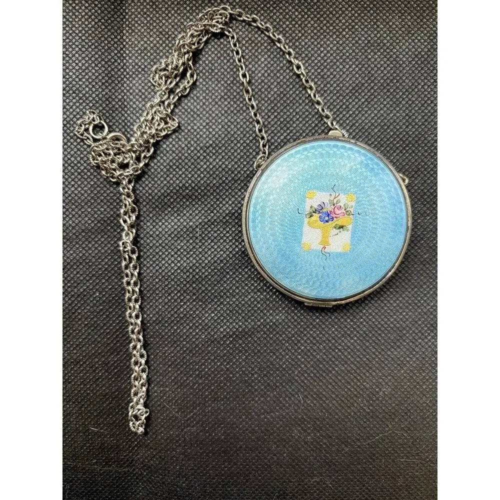 Antique Deco Blue Guilloche Enamel Floral Basket Silver Tone Compact Necklace